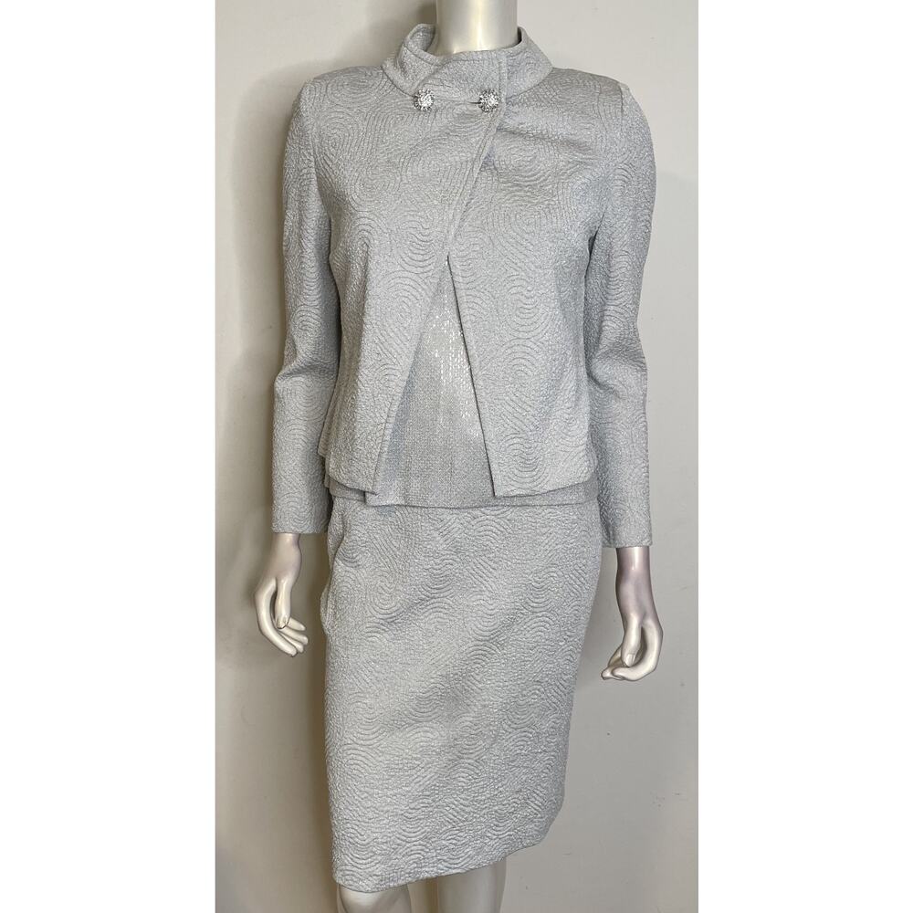St John 3 Pc Suit Set Womens 4 6 Silver Gray Skirt Tank Jacket Textured Shimmer